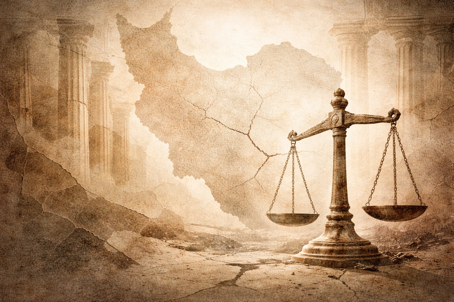 Abstract illustration with muted tones and fractured geometric shapes symbolizing socio-political change.