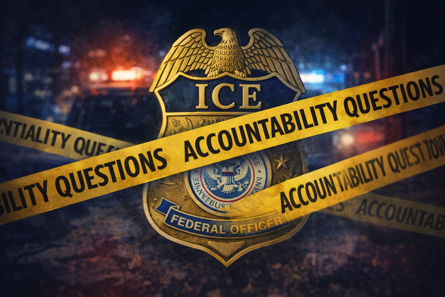 A muted, symbolic illustration showing a blurred police vehicle, emergency lights, and an abstract urban street scene.