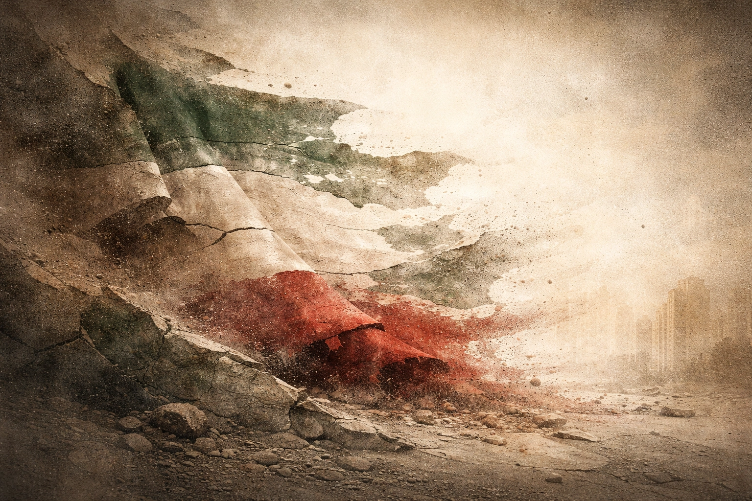 Abstract illustration with layered geometric forms and faded textures in muted tones.