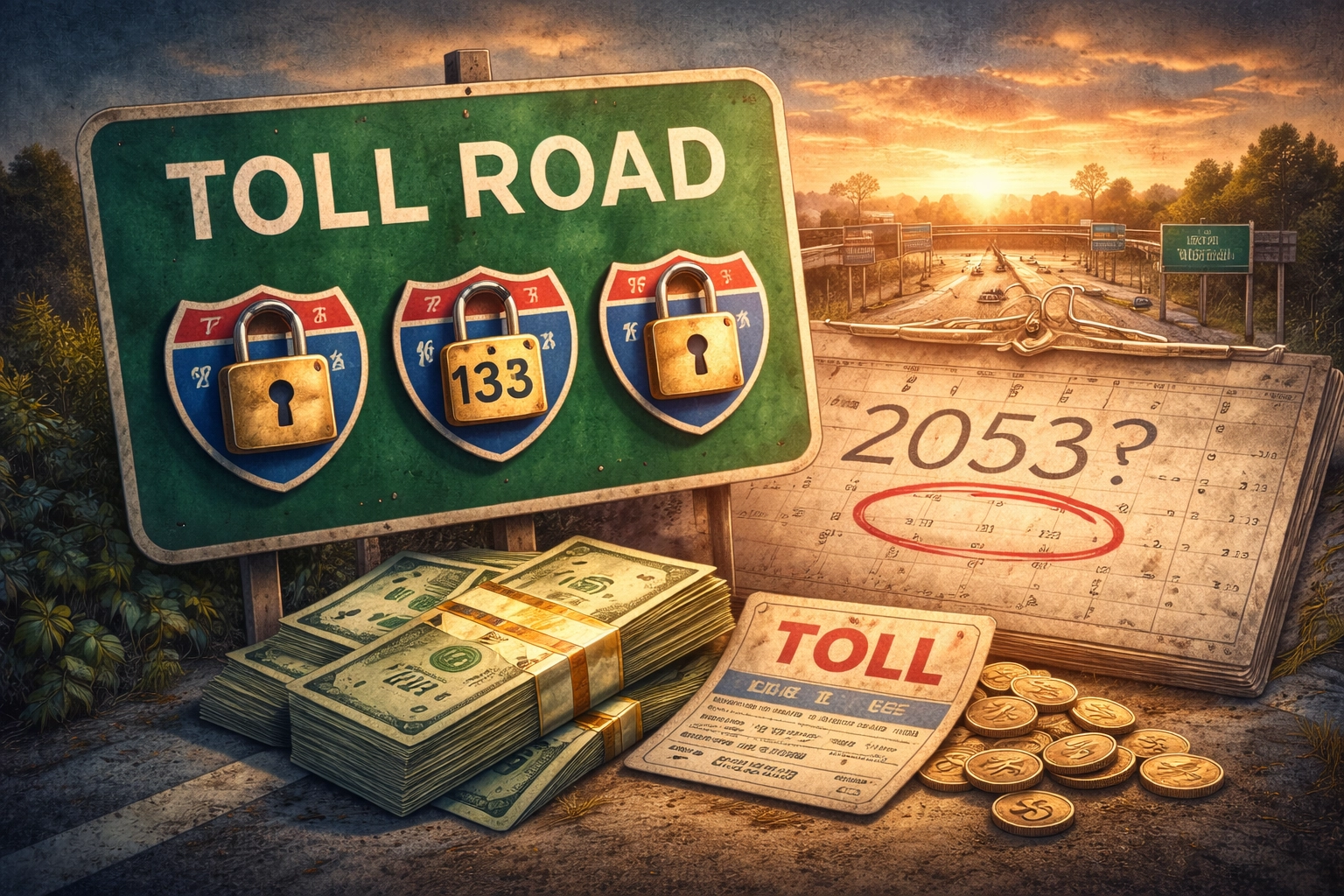 Southern California freeway with toll lanes, overhead signage, and divided traffic lanes.